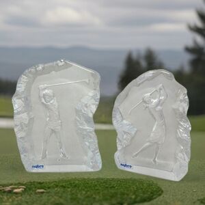 Paul Isling Crystal Glass Artwork Set Man & Women Playing On Golf Course Nybro